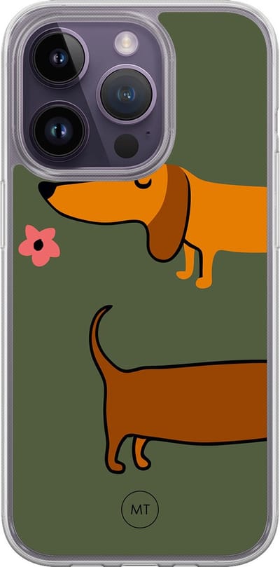 Hybride hoesje geschikt voor iPhone 14 Pro - Sausage stroll - Extra bescherming - Luxe beschermhoes - TPU case - Transparant, Bruin, Groen - Mooie Telefoonhoesjes