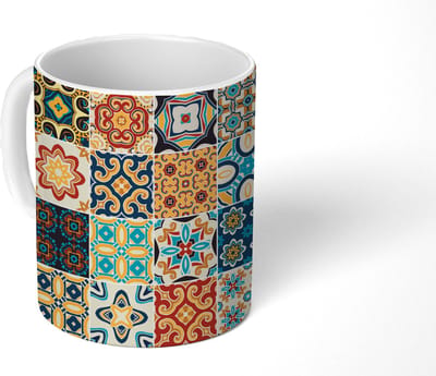 Mok - Koffiemok - Bloemen - Vintage - Patroon - Blauw - Oranje - Mokken - 350 ML - Beker - Koffiemokken - Theemok