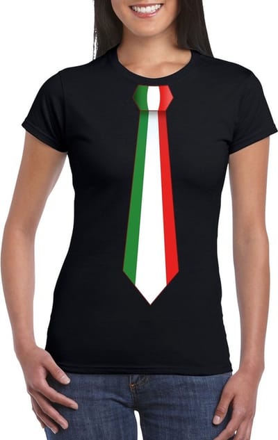 Italiaans thema shirt - Zwart t-shirt - met Italie vlag stropdas - dames - supporters - kleding - landen S