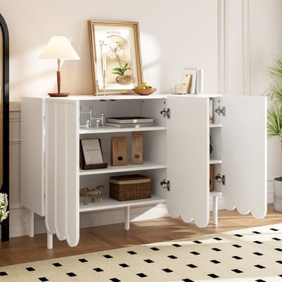 MODENUIT Sideboard - Greeploos Met Golfdeuren En Verstelbare Planken - Voor Woonkamer Of Hal - MDF - 120x35x80 Cm - Wit