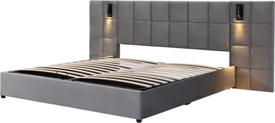 Gestoffeerd bed, hydraulisch opbergbed, met richtingsgevoelige verlichting en USB-oplaadpoort, groot hoofdbord gevuld met schuim, dambordpatroon, stalen frame, nachtkastje niet inbegrepen, fluwelen stof, 160*200 cm, grijs.