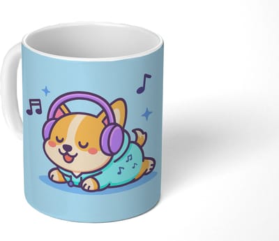Mok - Koffiemok - Corgi - Koptelefoon - Blauw - Muzieknoten - Mokken - 350 ML - Beker - Koffiemokken - Theemok