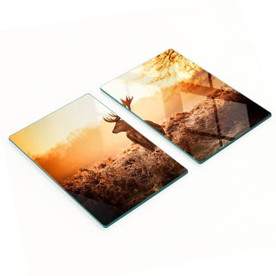 Set glazen snijplanken voor in de keuken, zonsopgang boven de herten, 2x40x52 cm