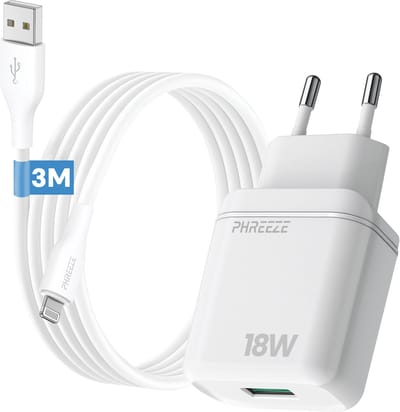 Phreeze usb stekker - Incl usb naar usb C kabel 3 meter - 18w usb adapter - 5v 3a usb oplaadstekker voor smartphone tablet koptelefoon accessoires