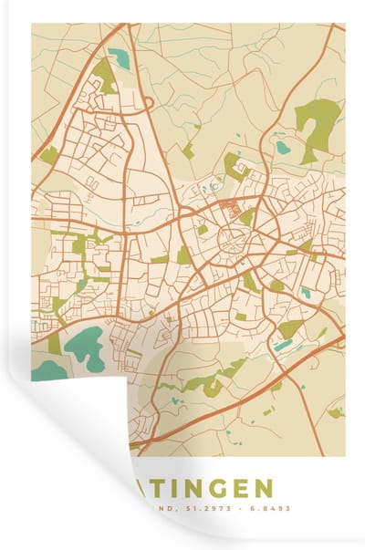 Muurstickers - Sticker Folie - Ratingen - Plattegrond - Stadskaart - Vintage - Kaart - 20x30 cm - Plakfolie - Muurstickers Kinderkamer - Zelfklevend Behang - Zelfklevend behangpapier - Stickerfolie