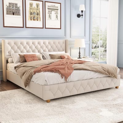 Tweepersoonsbed 180x200 cm Beige Gestoffeerd met Gevoerd Hoofdeinde en Lattenbodem