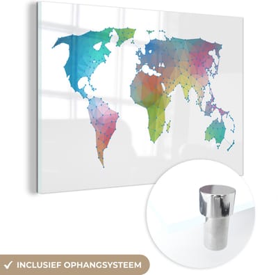 ® Glasschilderij 150x100 cm - Schilderij acrylglas - Wereldkaart Kinderen - Kleuren - Lijnen - Foto op glas - Muurdecoratie woonkamer - Wanddecoratie slaapkamer - Schilderijen