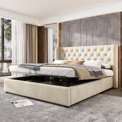 MEUNIQ tweepersoonsbed 180x200 cm met opbergruimte, gestoffeerd bed met hydraulische opbergbak, lattenbodem en hoog hoofdbord voor slaapkamer, beige