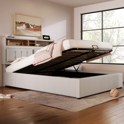 Gestoffeerd bed 160x200 cm - verstelbare hoofdbord - met USB-C oplaadfunctie - met opbergruimte - beige - zonder matras
