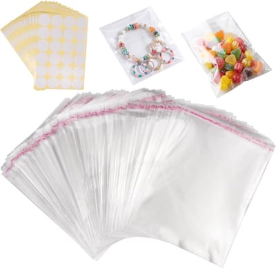200 Stuks 12 x 18 cm OPP Zakje met 360 Stuks ronde witte zelfklevende stickers van 32 mm, Cellofaan Zak Transparant Adhesief, Cellofaanzakjes Zelfklevend voor Snoep, Cadeau, Koekjes, Sieraden
