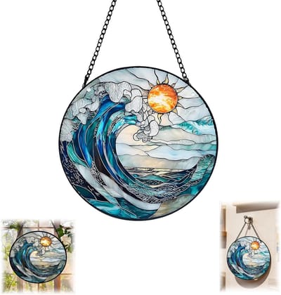 Suncatcher Raamdecoratie – Blauw-Golven Hangdecor 20x20 cm, Boho Zonnevanger Dreamcatcher voor Woonkamer, Tuin, Terras of Wanddecoratie