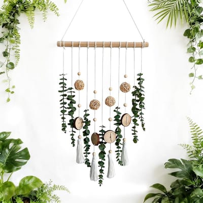 Handgemaakte groene wanddecoratie van katoen, plantenhouder met houten staaf voor boho-stijl woonkamer, slaapkamer en café, natuurlijke wandbekleding en interieuraccessoire