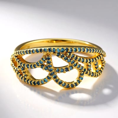Cavill - Zilveren ring 925 sterling zilver verguld - Fancy diamanten 0,37 ct - Pave zetting - Smalle elegante ring met blauwe steentjes