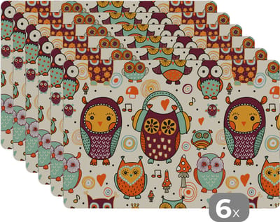 Placemat - Placemats kunststof - Uil - Koptelefoon - Patroon - 45x30 cm - 6 stuks - Hittebestendig - Anti-Slip - Onderlegger - Afneembaar