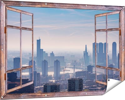 Gards Tuinposter Doorkijk Rotterdamse Skyline - 150x100 cm - Tuindoek - Tuindecoratie - Wanddecoratie buiten - Tuinschilderij