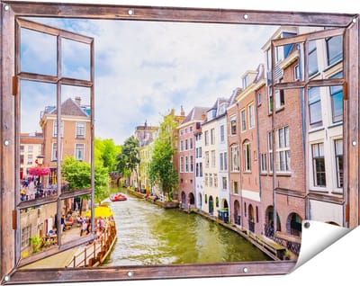 Gards Tuinposter Doorkijk Huizen aan de Oudegracht in Utrecht - 120x80 cm - Tuindoek - Tuindecoratie - Wanddecoratie buiten - Tuinschilderij
