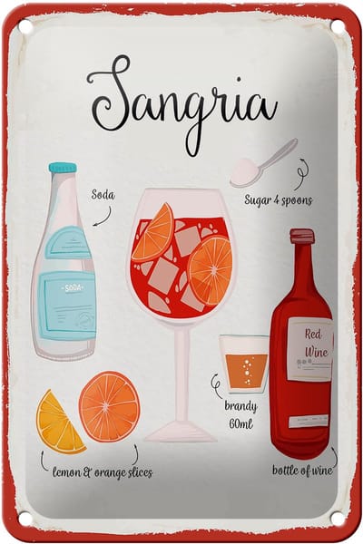 Blechschild Rezept Sangria Cocktail Recipe Soda 12x18cm Dekoration