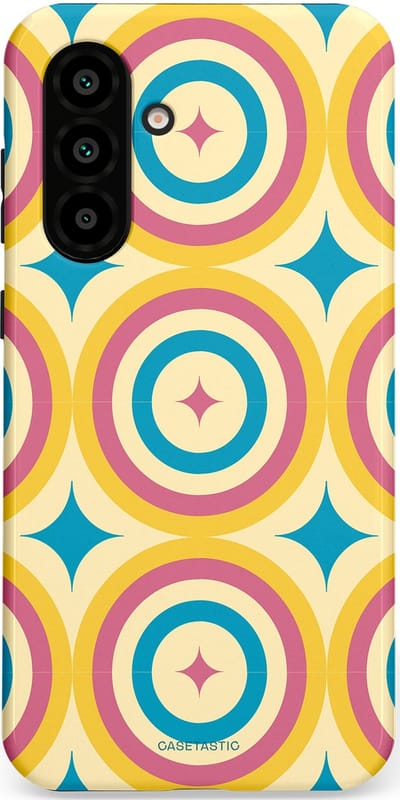Casetastic hoesje geschikt voor Samsung Galaxy A36 / Samsung Galaxy A56 - Dubbellaagse bescherming - Swinging Retro Boogie Circles - Fashion Case - Crème Goud Lichtblauw Koraal