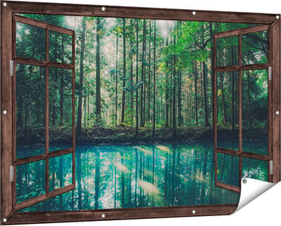 Gards Tuinposter Doorkijk Bos bij een Groen Meer - 150x100 cm - Tuindoek - Tuindecoratie - Wanddecoratie buiten - Tuinschilderij