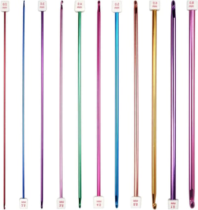 Set van 11 Lichtgewicht Tunisian Haaknaalden van Kleurrijk Aluminium voor Beginners en Professionals