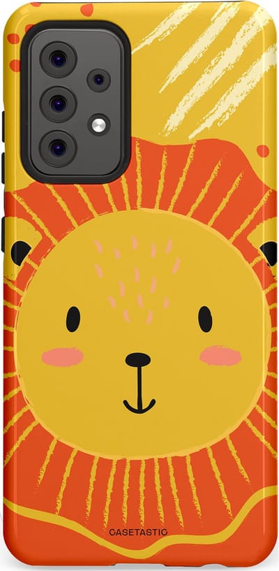 Casetastic hoesje geschikt voor Samsung Galaxy A52 (2021) 5G / Samsung Galaxy A52 (2021) 4G - Dubbellaagse bescherming - Vrolijke leeuw - Fashion Case - Goud Rood Oranje