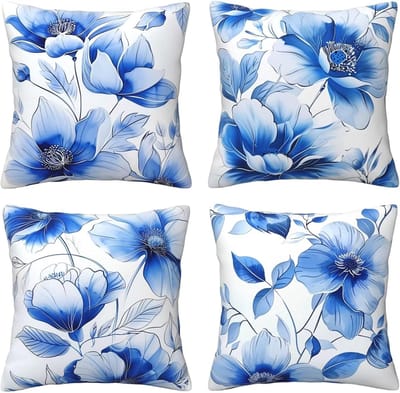 Kussenhoezen, 65 x 65 cm, blauwe bloemen, 4 stuks, vierkant, fluweel, zacht en ademend, decoratieve kussenhoes met verborgen ritssluiting, voor slaapkamer en woonkamer, bank, E8234