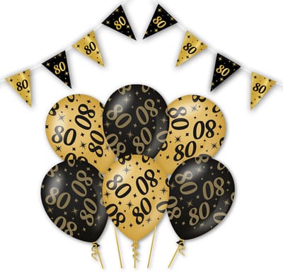 Q2P - 80 Jaar - Slingers - Ballonnen - Zwart & Goud Set - Verjaardag Versiering - Helium Ballon