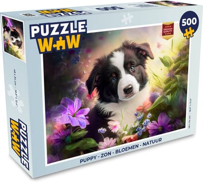 Puzzel Puppy - Zon - Bloemen - Natuur - Bordercollie - Hond - Legpuzzel - Puzzel 500 stukjes