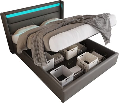 Wishdor – Opbergbed 160x200 cm – LED‑verlichting & Hydraulische Bergruimte – Modern PU Grijs – 299 kg