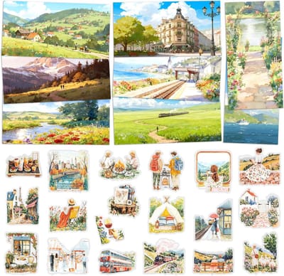 Vintage Collage Kit met 4 Sets PET Landschapsstickers en 16 Retro Natuurpapieren voor Scrapbooking, Junk Journal en Creatieve DIY Projecten