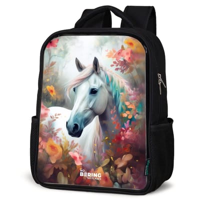 NoBoringSuitcases.com® - Rugzak zwart - Schooltas jongen & meisje - Paard - Wit - Bloemen - Bladeren - Rugtas voor school - Boekentas kind - Schoolrugzak - Kinderrugzak