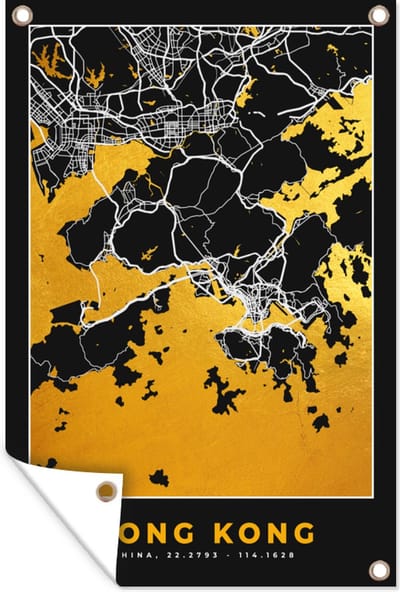 Muurdecoratie Hong Kong - Stadskaart - Goud - Plattegrond - Kaart - 120x180 cm - Tuinposter - Tuindoek