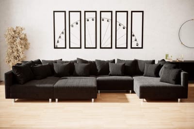 hoekbank denver xxl- corduroy zwart- met 1 poef (hocker)- hoeksalon denver wooneiland-zetelsenbedden