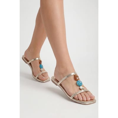 boohoo Dames Brede Pasvorm T-bar Sandalen Met Kralen | Goud | Maat: 37