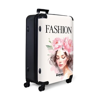 NoBoringSuitcases.com® - Koffer groot - Reiskoffer lichtgewicht - Crèmekleur met bloemenkroon en zwarte quote 'fashion' - Rolkoffer met 4 wielen - Grote trolley XL - 98 liter bagage