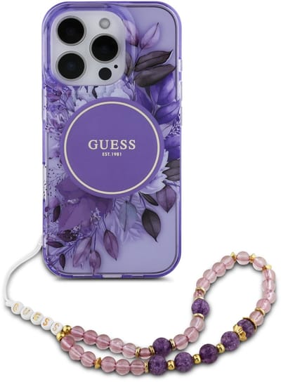 Guess - Backcover iPhone 16 Pro - Magsafe IML Flowers with pearl strap - Paars