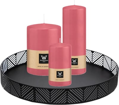 Wiedemann Cilinderkaarsen - stompkaarsen set - op zwart dienblad van metaal - 3x stuks - roze - 6 x 12 - 10x15 - 7x20 cm