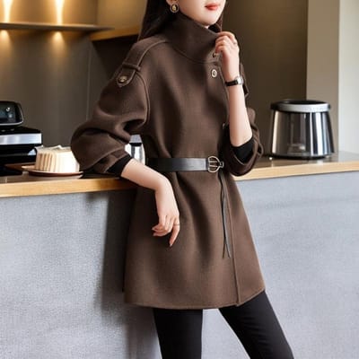 Herfst en Winter Nieuwe Maillard Wollen Jas Dames Koreaanse Versie Modegevoel Losse Vetersluiting Wollen Jas Dames 2XL donkerbruine kleur