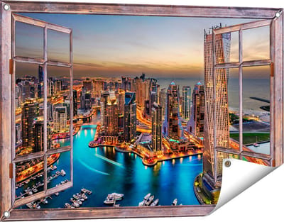 Gards Tuinposter Doorkijk Dubai Haven met de Stad - 90x60 cm - Tuindoek - Tuindecoratie - Wanddecoratie buiten - Tuinschilderij