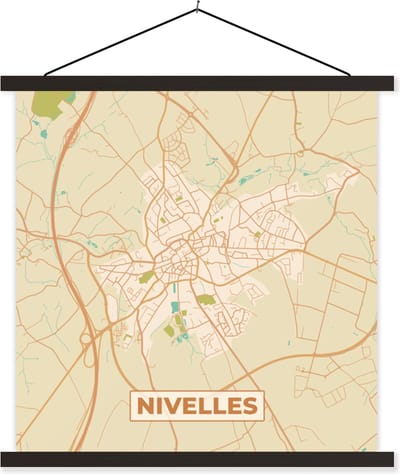 Posterhanger incl. Poster 60x60 cm - Schoolplaat - Kaart - Retro - Stadskaart - Plattegrond - Nijvel - Textielposter - Zwarte latten - Stadskaart