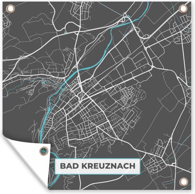 Tuin poster Bad Kreuznach – Stadskaart – Blauw – Plattegrond – Stadskaart – Kaart - Duitsland - 200x200 cm - Tuindoek