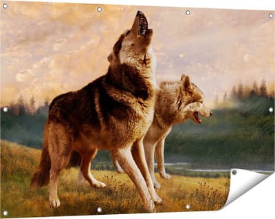 Gards Tuinposter Twee Wolven op het Gras - 120x80 cm - Tuindoek - Tuindecoratie - Wanddecoratie buiten - Tuinschilderij