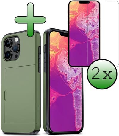 Hoes Geschikt voor iPhone 14 Pro Hoesje Hard Case Met Pas Houder Met 2x Screenprotector - Hoesje Geschikt voor iPhone 14 Pro Hoes Shockproof Hard Cover Met Kaarthouder - Donkergroen