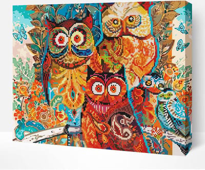 Schilderen Op Nummer Volwassenen DIY Hybrid Paint By Number Diamond Painting - Compleet Hobby Pakket op Frame met Vernis - ®Arty Bee - Uilen Feest 2.0 - 40x50cm