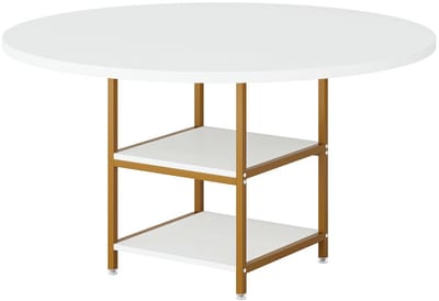 Pugsdrly Ronde eettafel voor 4 personen in goudwit, 120 x 75 cm (diameter x H), industriële stijl, houten keukentafel Grote eettafel met plank voor eetkamer, woonkamer, ronde eettafel