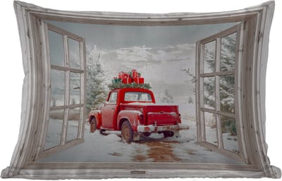 Buitenkussens - Tuin - Auto - Rood - Cadeaus - Winter - Kerst - Doorkijk - Wit - 50x30 cm