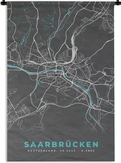 Wandkleed - Wanddoek - Duitsland – Blauw – Saarbrücken – Stadskaart – Kaart – Plattegrond - 120x180 cm - Wandtapijt