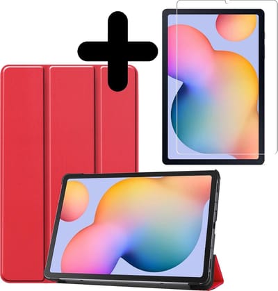 Hoesje - Geschikt voor Samsung Galaxy Tab S6 Lite - Met Screenprotector - Hardcover Book Case - Trifold Bookcase Hoes - Hard Cover - Tablethoes - Rood