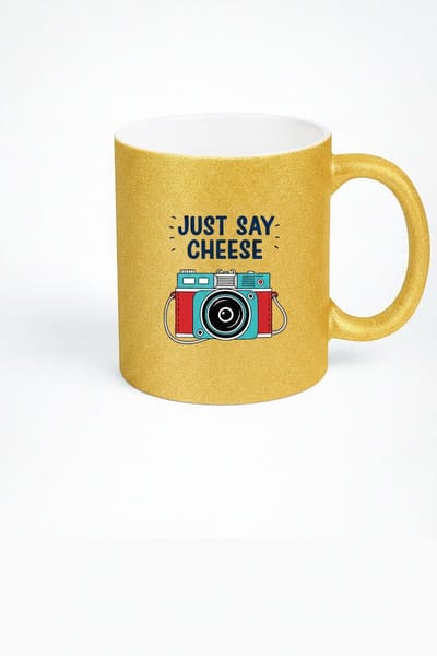 Gouden Glitter Mok - Just Say Cheese Camera Design - 330ml Keramiek Cadeau