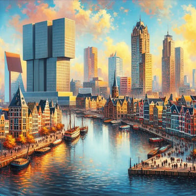 Olieverf rotterdam schilderij | Rotterdamse skyline in levendige olieverf, een kunstwerk van schoonheid | Kunst - 60x60 centimeter op Dibond | Foto op Dibond